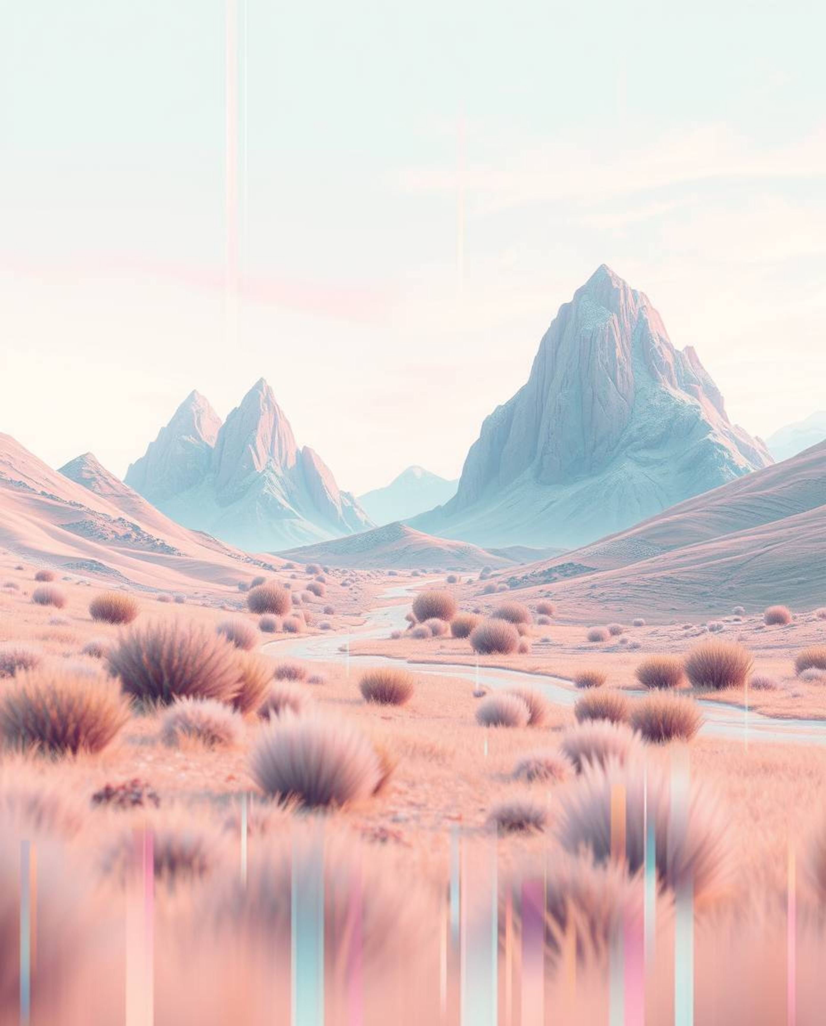 Explore a serene digital landscape where gentle glitches disrupt soft pastel colors, creating a captivating abstract artwork.