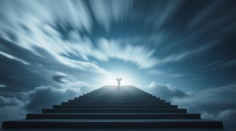 A dreamlike and peaceful long-exposure photograph depicting steps of light ascending into a cloudy sky, with angelic figures 