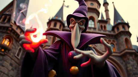An extreme macro close-up capturing a classic Disney villain casting a spell within the aged walls of an old castle. Vivid el