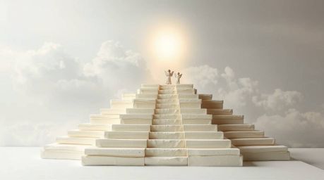 A captivating layered papier-mâché sculpture depicting steps of light ascending into a cloudy sky, watched by angelic figures