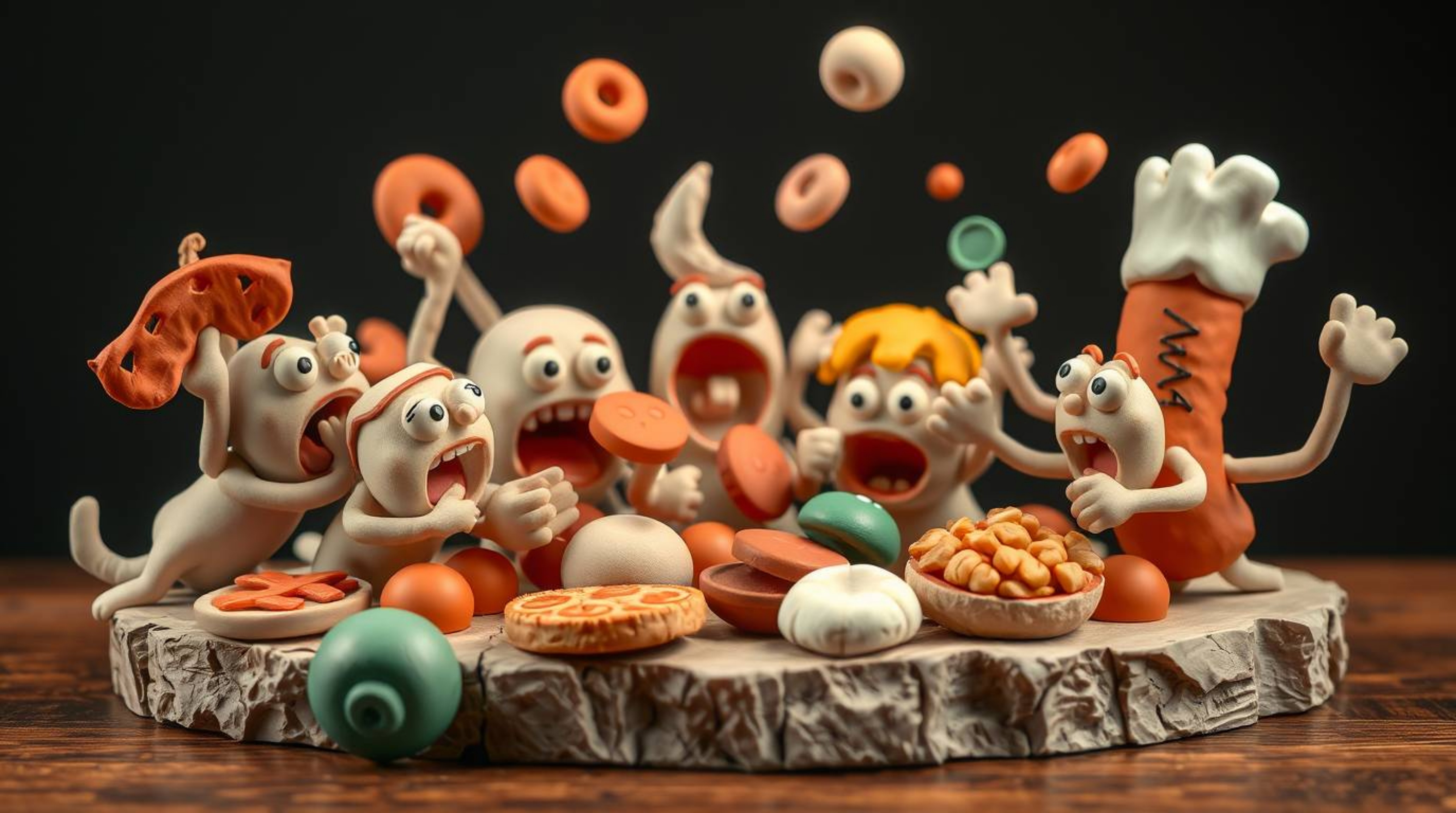 This whimsical sculptural clay artwork depicts a chaotic cartoon cafeteria food fight, capturing a moment of pure, unadultera