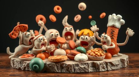 This whimsical sculptural clay artwork depicts a chaotic cartoon cafeteria food fight, capturing a moment of pure, unadultera