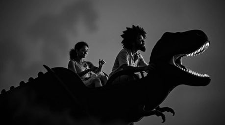 A captivating classic black and white photograph depicts a prehistoric family with diverse skin tones enjoying a ride in a di