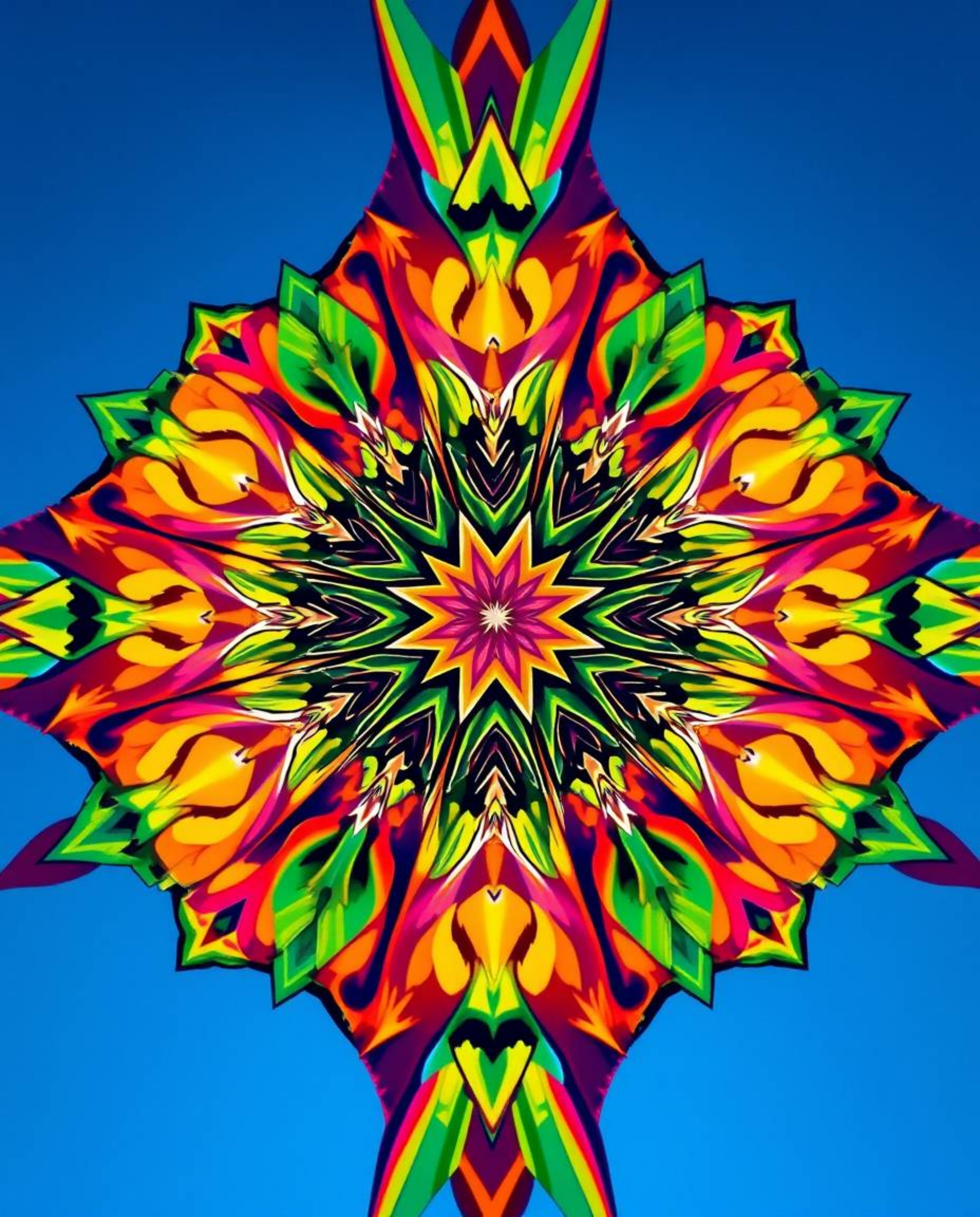 A captivating low-angle perspective showcases a geometric floral mandala bursting with vibrant colors and a symmetric design.