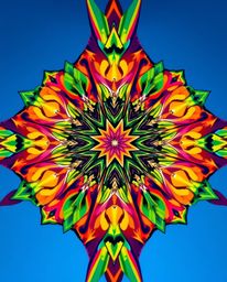 A captivating low-angle perspective showcases a geometric floral mandala bursting with vibrant colors and a symmetric design.