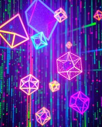 Experience the mesmerizing glow of bioluminescent colors illuminating glitched geometric shapes floating within a vibrant cyb