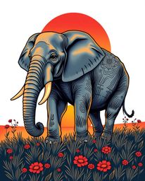This is a traditional tattoo-style art print featuring elegant elephants gracefully walking across a sunset field. The design