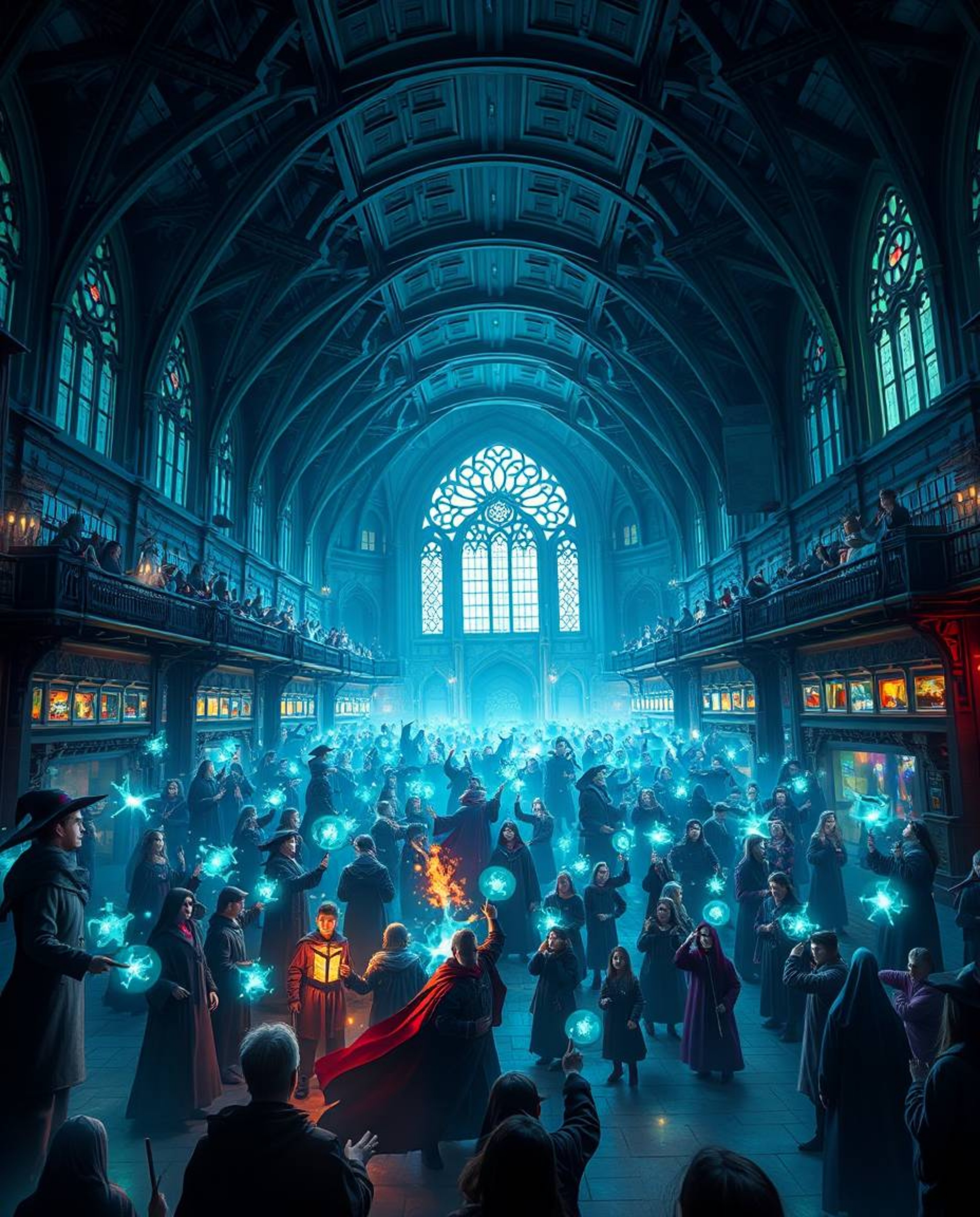 Experience an epic scene of a massive magical school teeming with young wizards in a modern future setting. The scene is bath