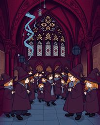Explore a rich burgundy and deep blue illustration depicting a magical school teeming with young wizards. This artwork showca