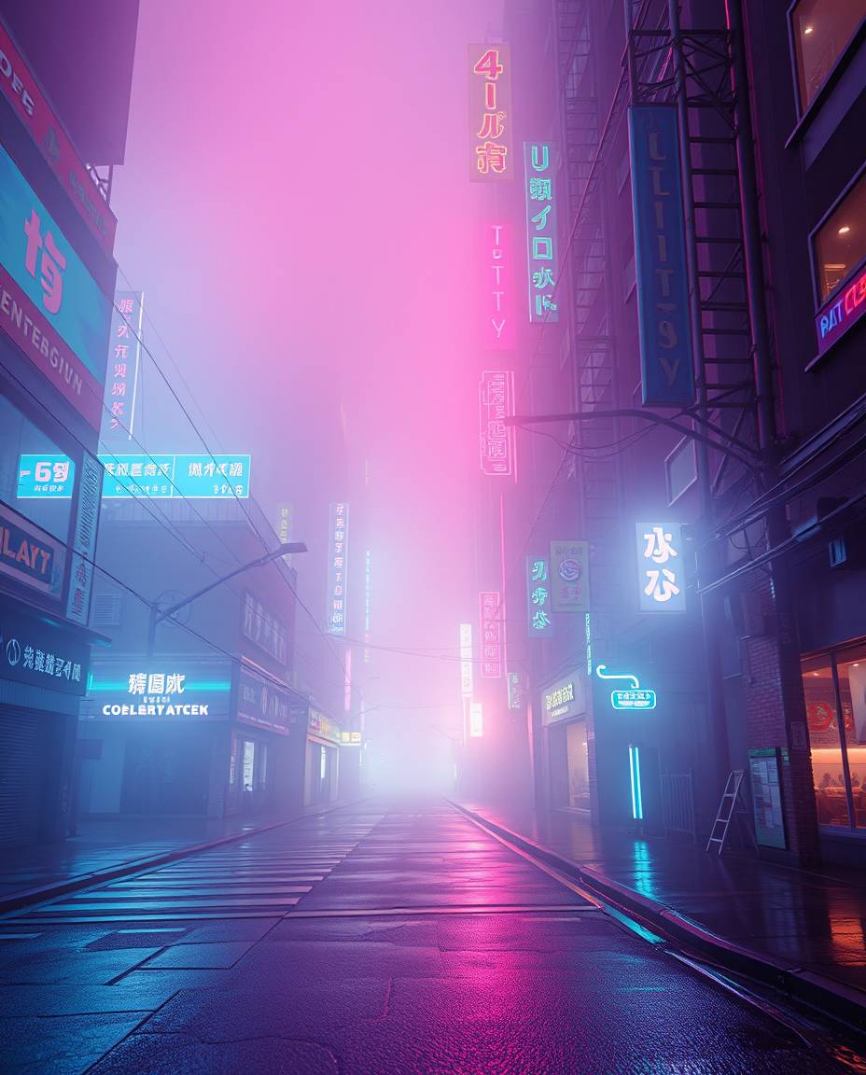 A captivating pixelated glitch image showcases a cyberpunk street scene bathed in neon haze.  The low visibility and thick fo