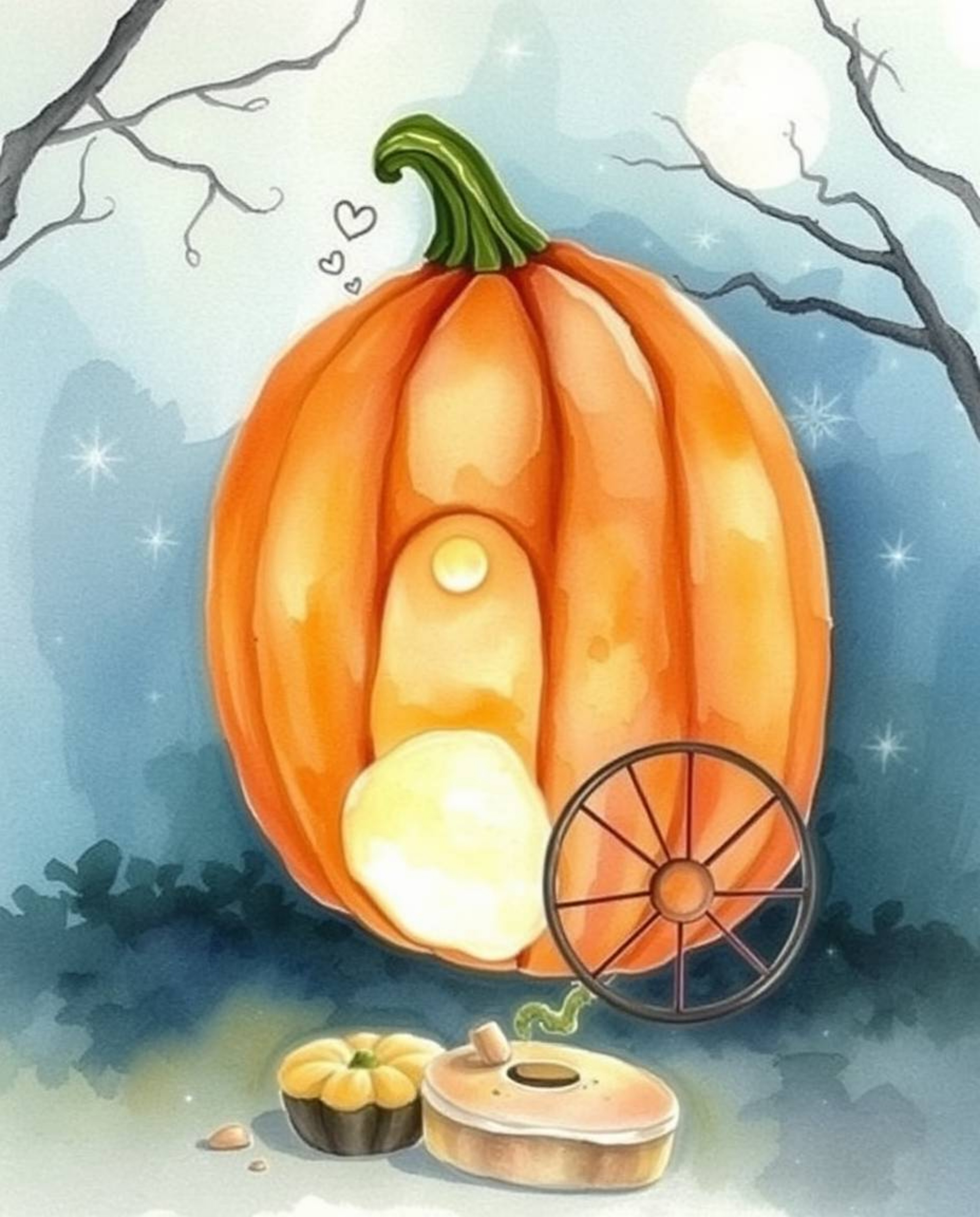 A delicate watercolor painting depicts a magical pumpkin transforming into a carriage.  The mystic, enchanting scene features
