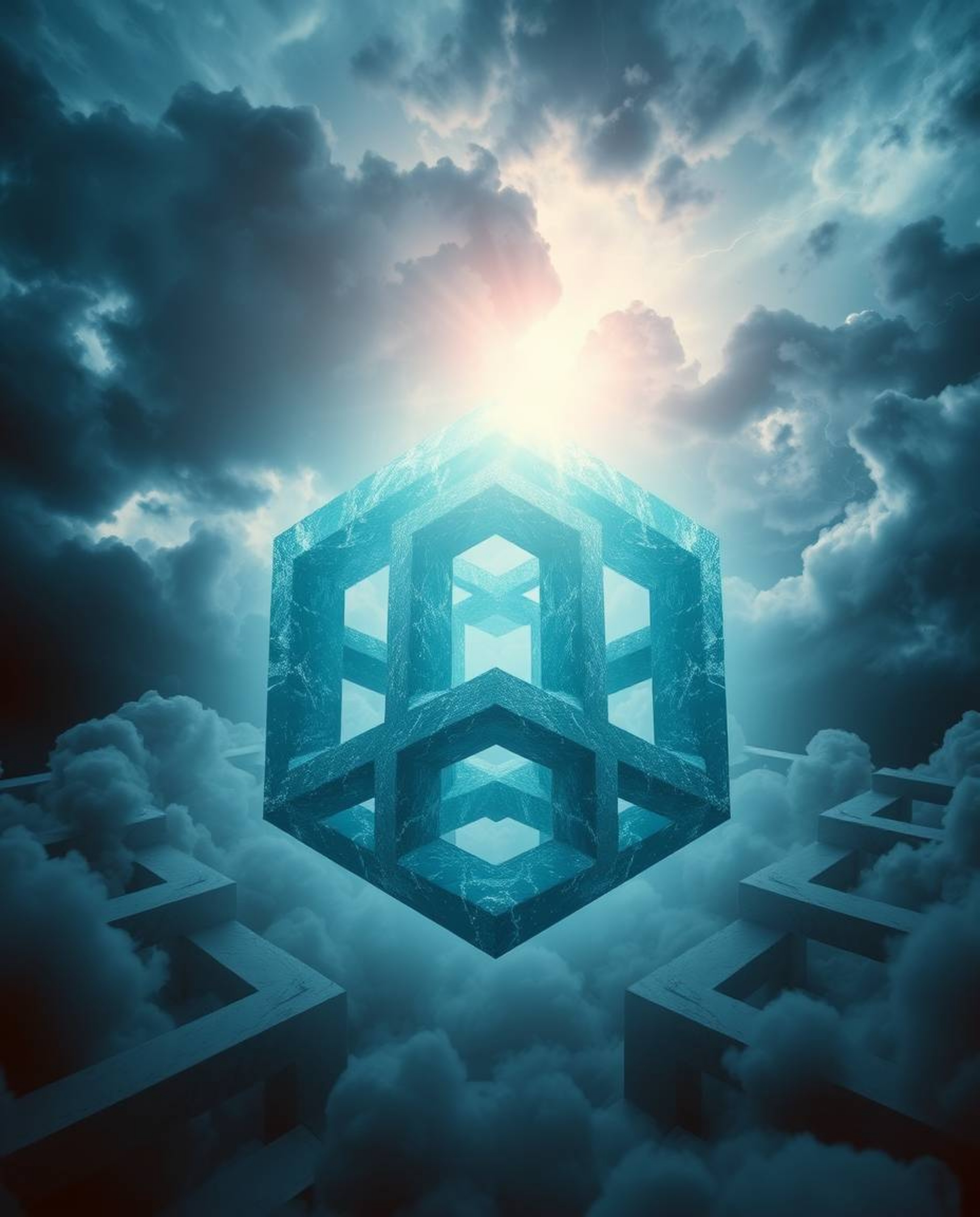 Evoke a sense of wonder with an ethereal spiritual vibe image featuring a repetitive cube pattern in Escher-style impossible 