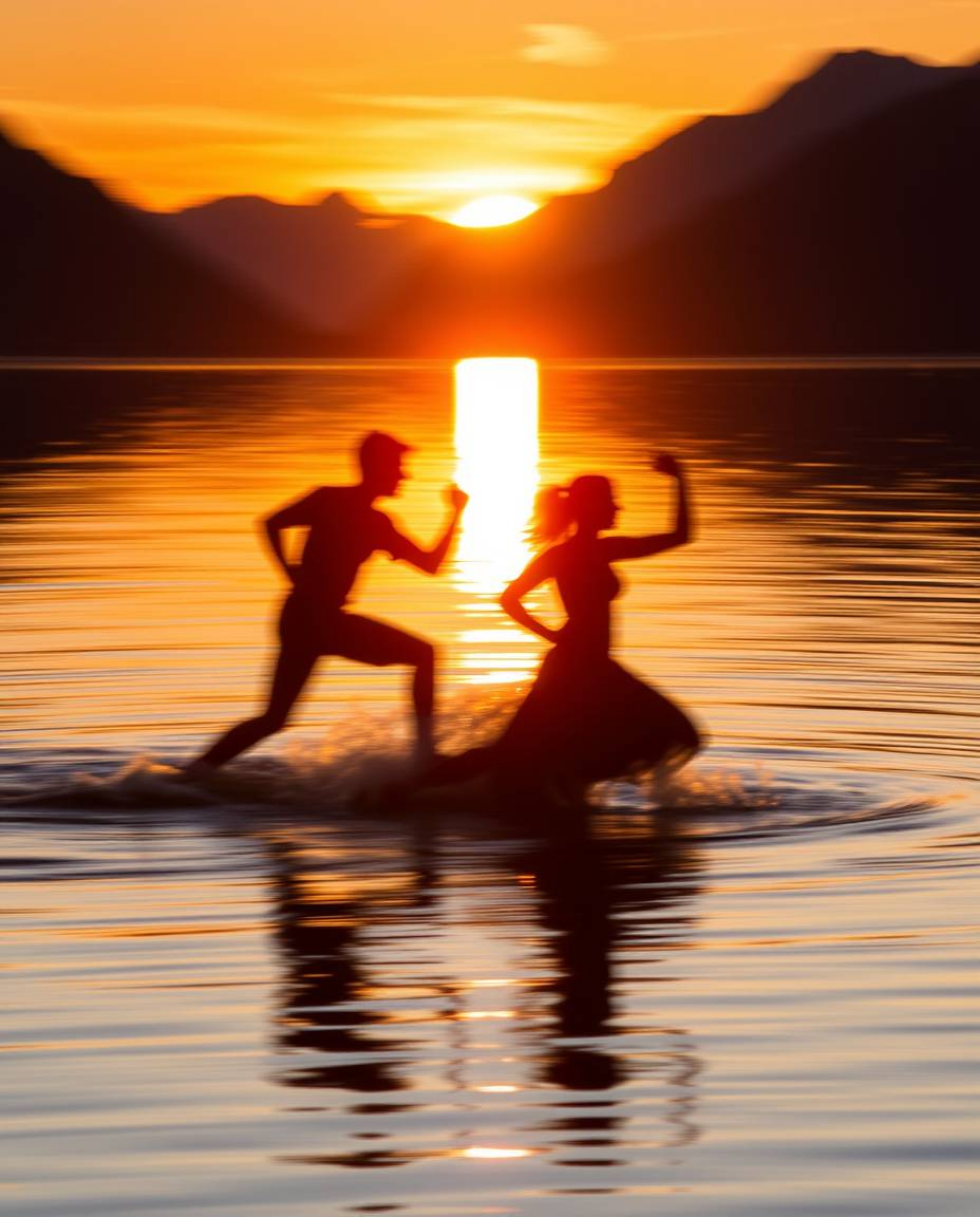 A silhouetted image captures a dynamic reflection of a sunset in a glassy fjord. The artwork emphasizes motion through blurre