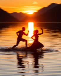 A silhouetted image captures a dynamic reflection of a sunset in a glassy fjord. The artwork emphasizes motion through blurre