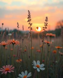 A graceful and elegant digital painting of a spring meadow sunset. This artwork features a sophisticated and refined contrast
