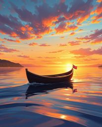 A digital painting showcases an adorable and charming boat adrift on a sunset lake. The scene is bathed in a stunning combina