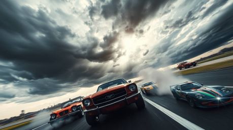 Experience the thrill of a high-angle perspective showcasing a wacky racing scene featuring outlandish cars.  The intense, dr