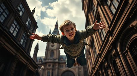 A captivating architectural color photograph depicts a young boy with fair skin soaring above the London skyline, propelled b