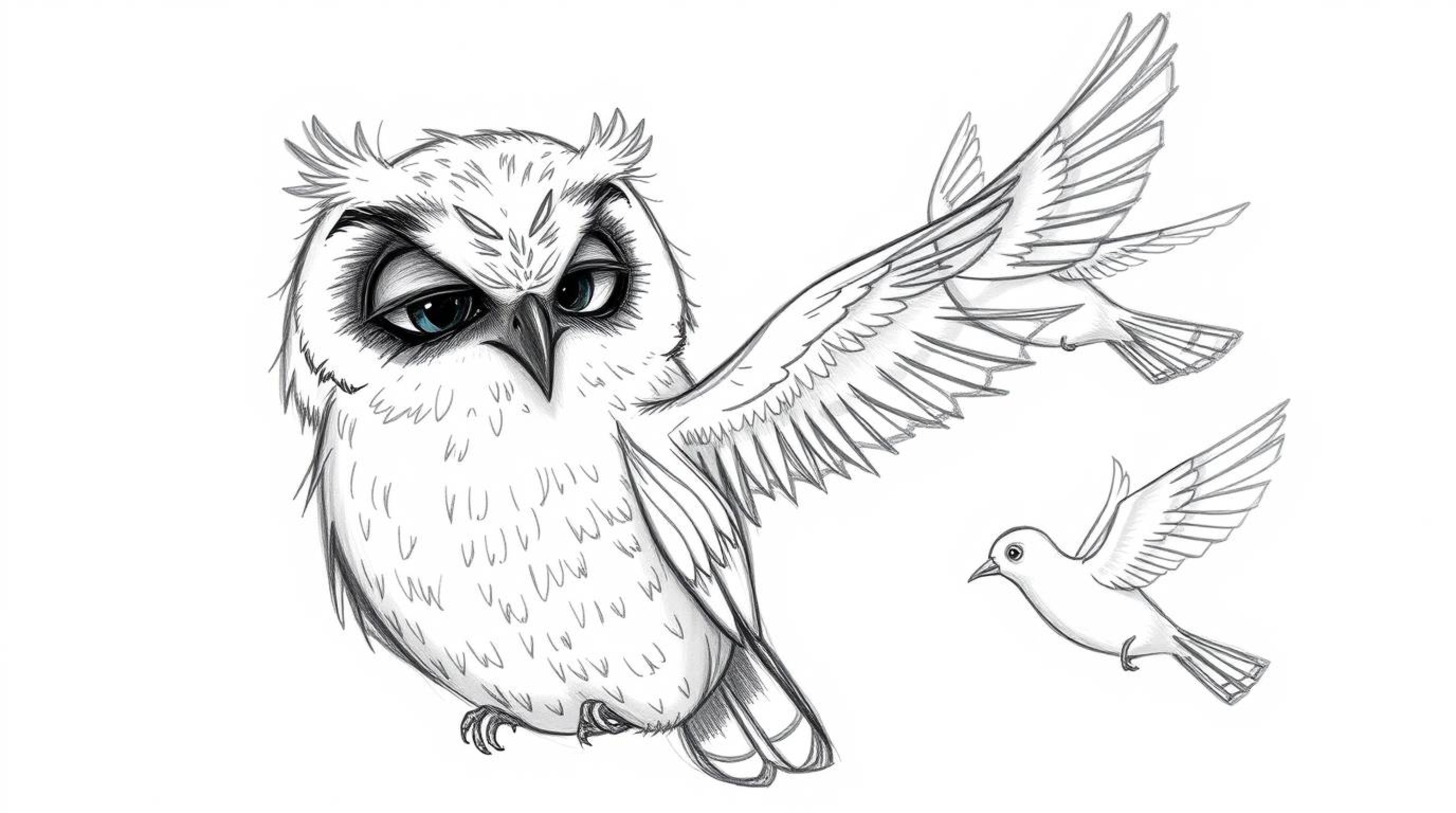 A charming, Pixar-style hand-drawn sketch features a blind owl with soft, feathery details, guiding birds in their flying les