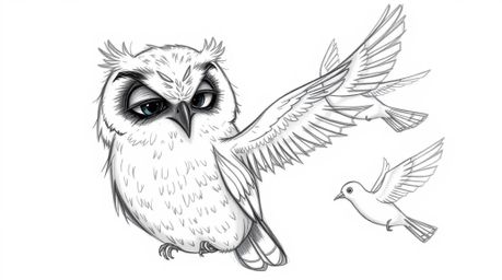 A charming, Pixar-style hand-drawn sketch features a blind owl with soft, feathery details, guiding birds in their flying les