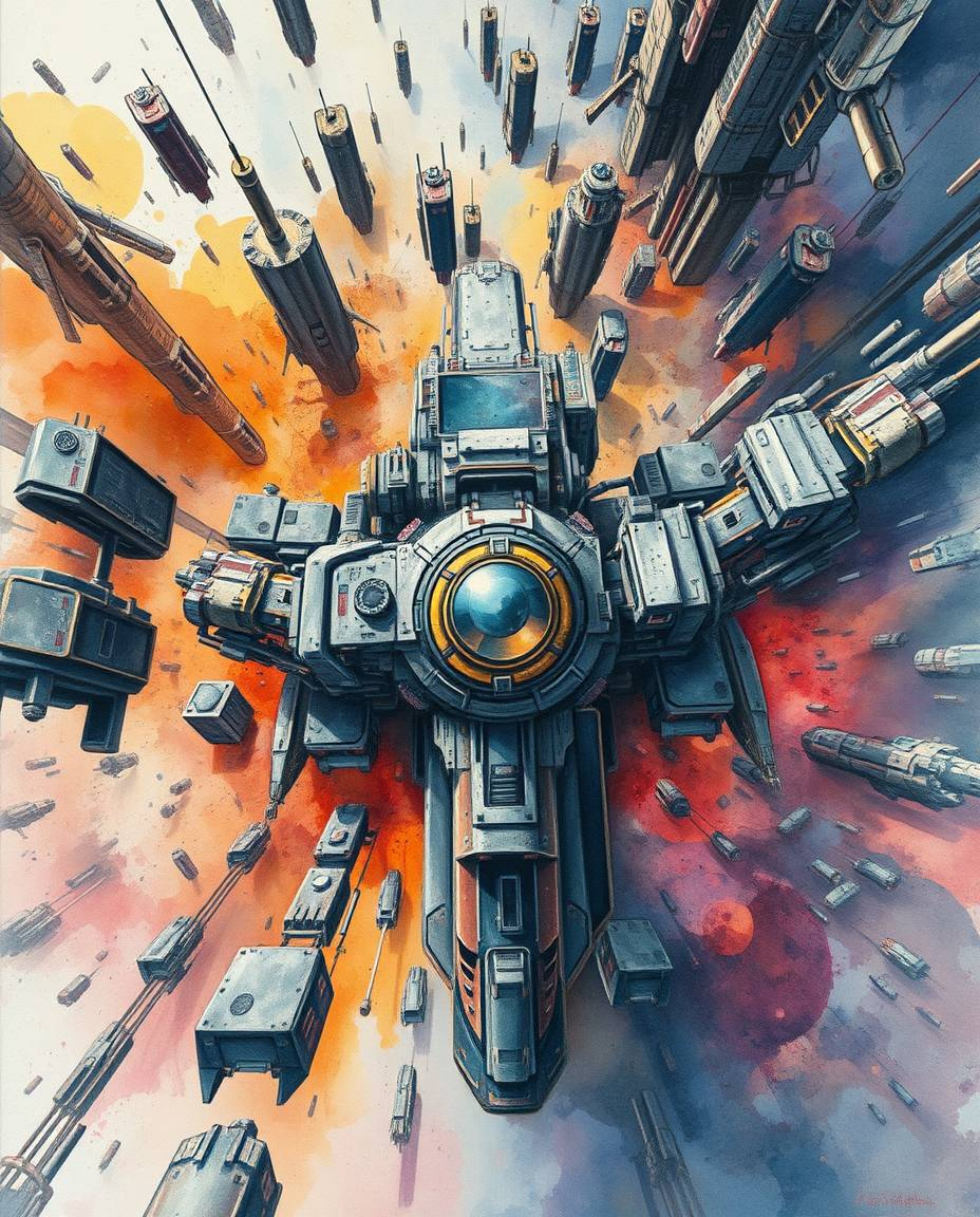 Explore a captivating futuristic sci-fi watercolor painting featuring a bird's-eye view perspective. The artwork showcases vi