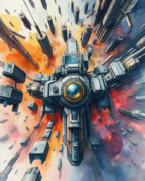 Explore a captivating futuristic sci-fi watercolor painting featuring a bird's-eye view perspective. The artwork showcases vi