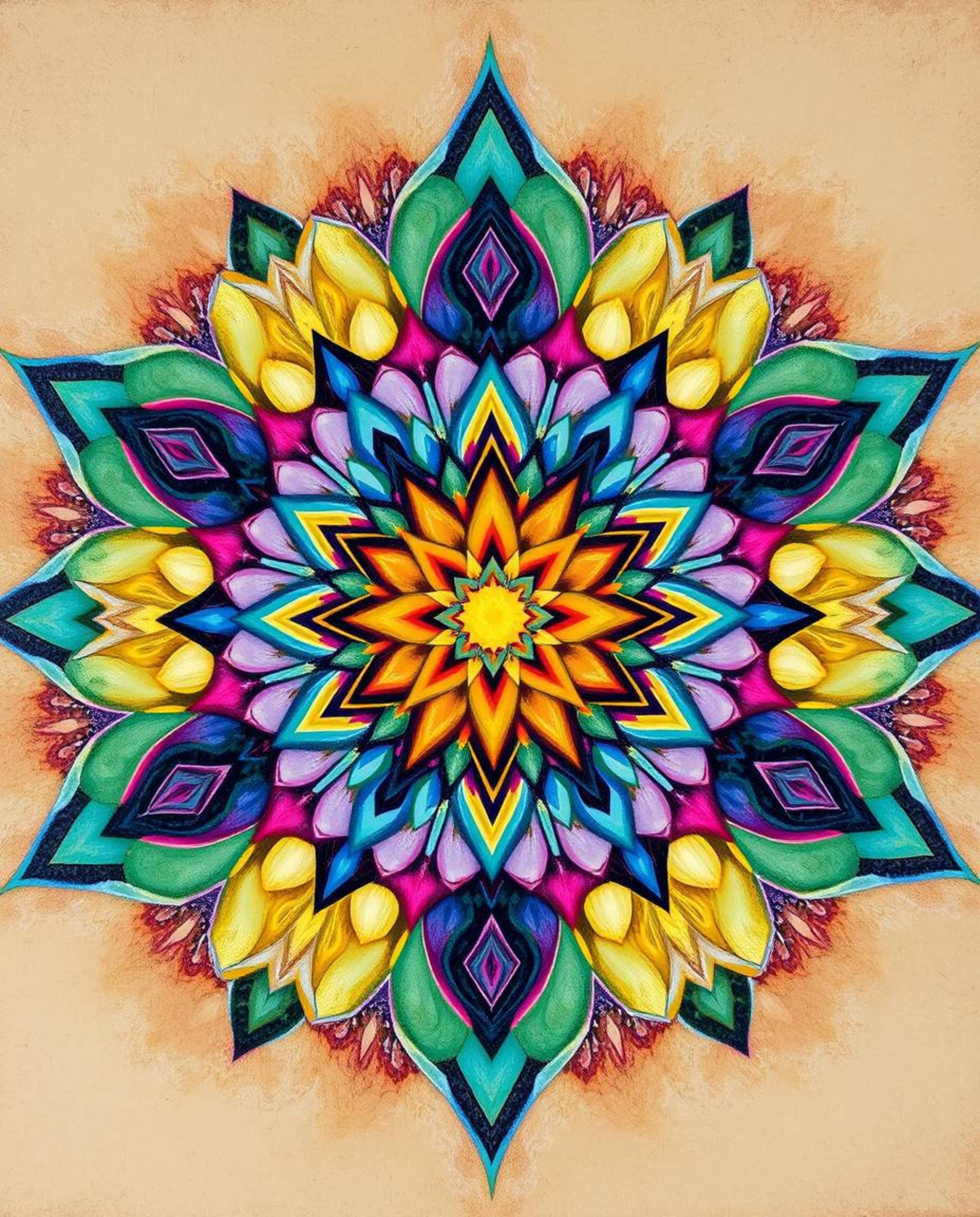 Explore the beauty of classic oil painting with this geometric floral mandala, featuring vibrant colors and a symmetric desig