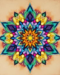 Explore the beauty of classic oil painting with this geometric floral mandala, featuring vibrant colors and a symmetric desig