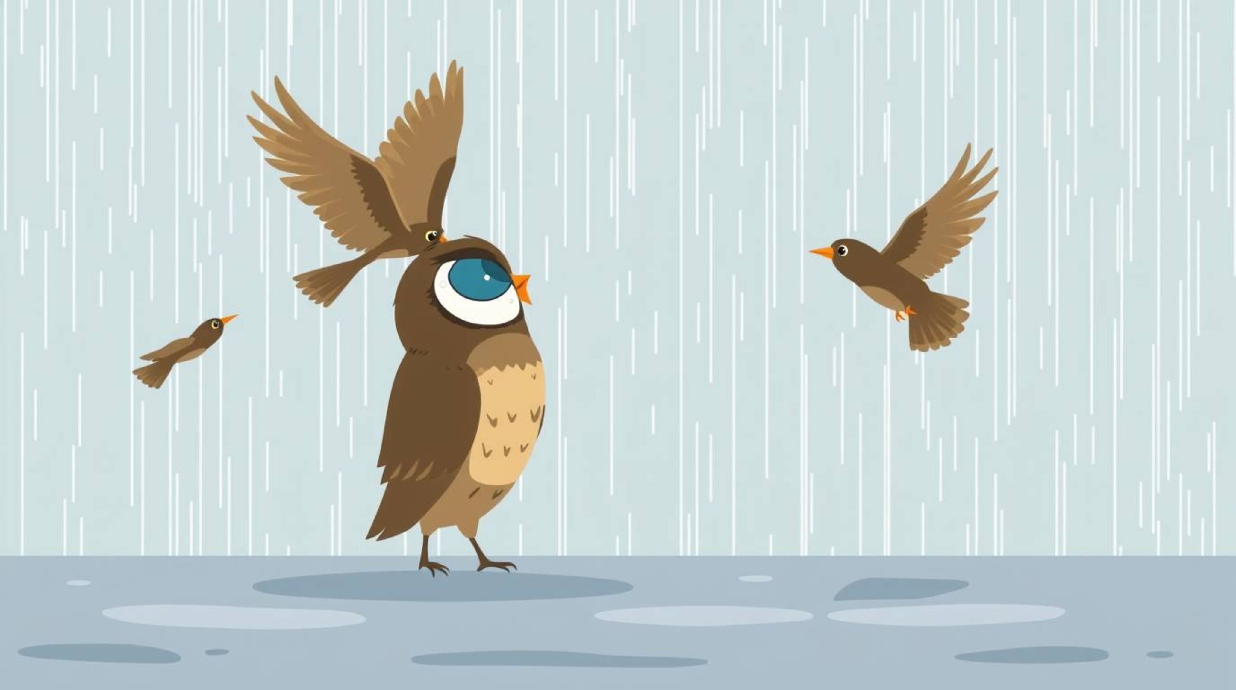 Immerse yourself in a modern flat design showcasing a wet, rainy scene reminiscent of Pixar animation.  A blind owl, with rem