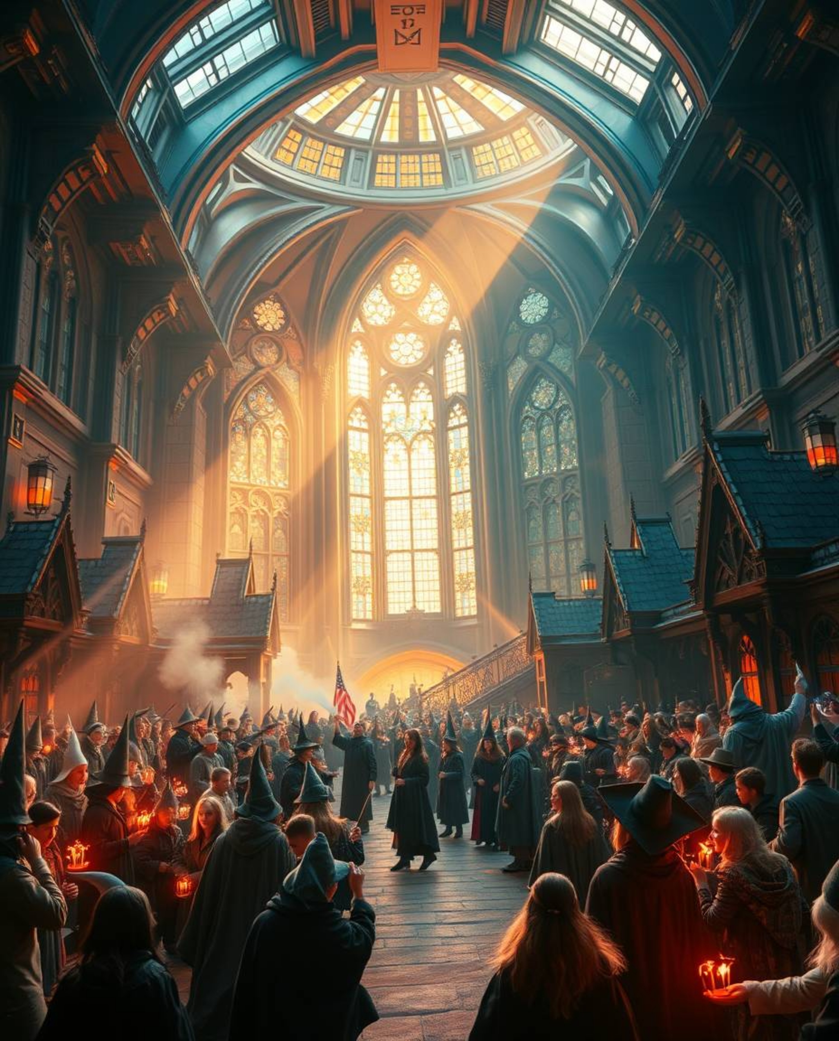 Immerse yourself in an epic scene depicting a magical school filled with young wizards, rendered with a modern future aesthet