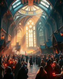 Immerse yourself in an epic scene depicting a magical school filled with young wizards, rendered with a modern future aesthet