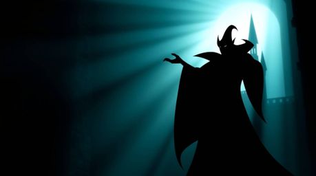 A captivating silhouette photograph depicts a classic Disney villain casting a spell within an ancient castle. Backlighting
