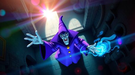 A classic Disney villain, draped in regal purple robes, is captured casting a powerful spell within the ancient walls of an o