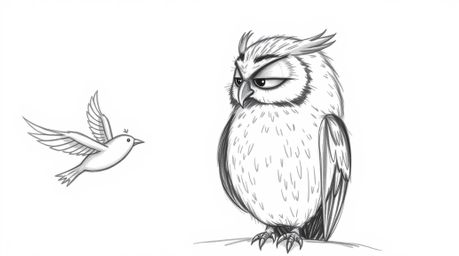 A charming hand-drawn sketch depicts a blind owl, rendered in the delightful Pixar style, meticulously listening to the trium