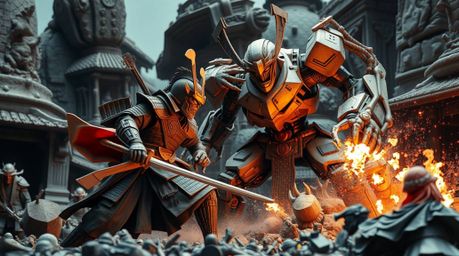 This sculptural clay art piece depicts a grand, epic, and dystopian scene of a samurai battling a robot on a massive scale. T