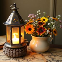 A beautifully composed still life featuring a distressed, bronze-toned lantern with verdigris accents, softly illuminating a 