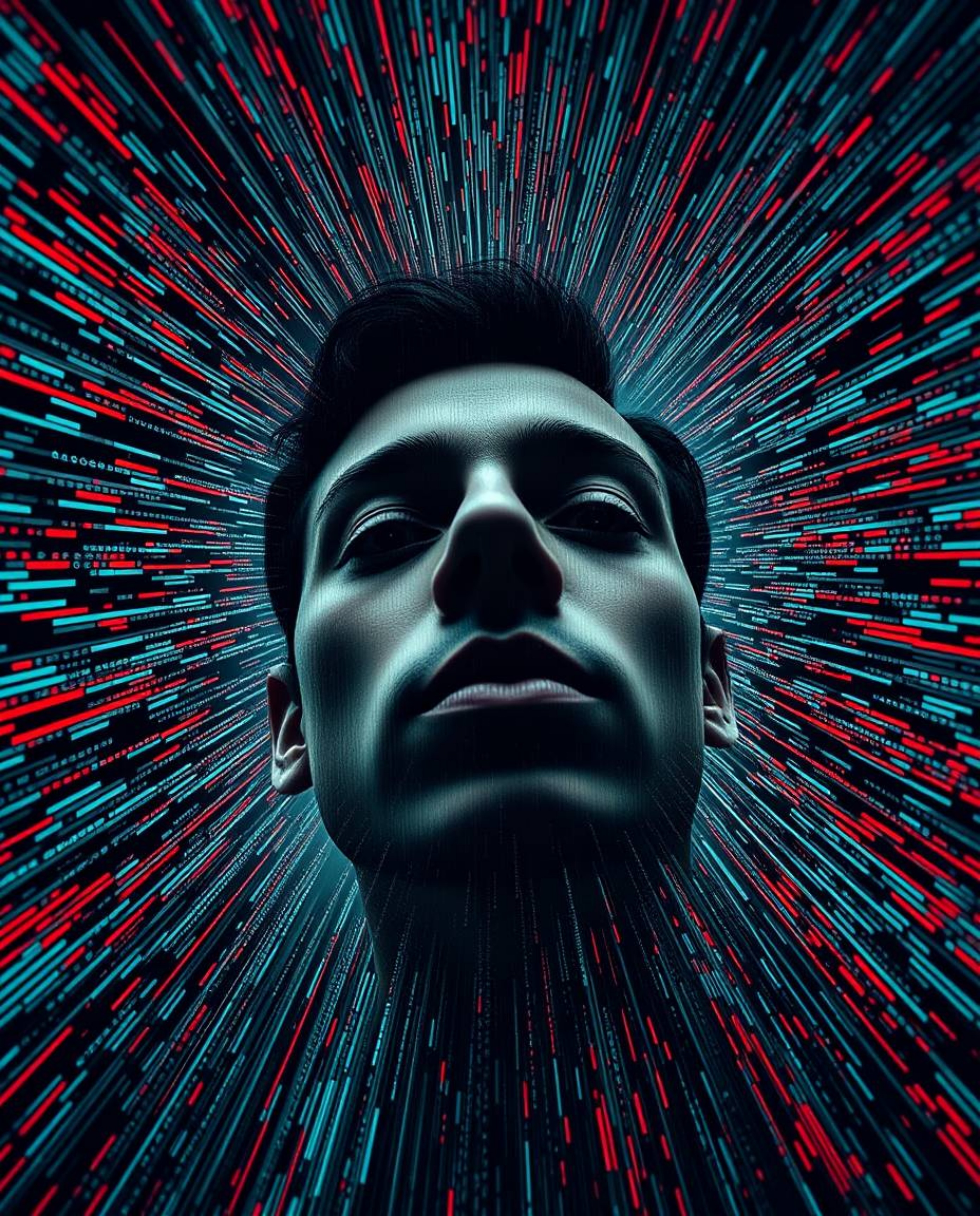 A captivating high-angle shot depicting a human face digitally transforming into a flowing data stream, showcasing a mesmeriz
