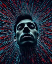 A captivating high-angle shot depicting a human face digitally transforming into a flowing data stream, showcasing a mesmeriz
