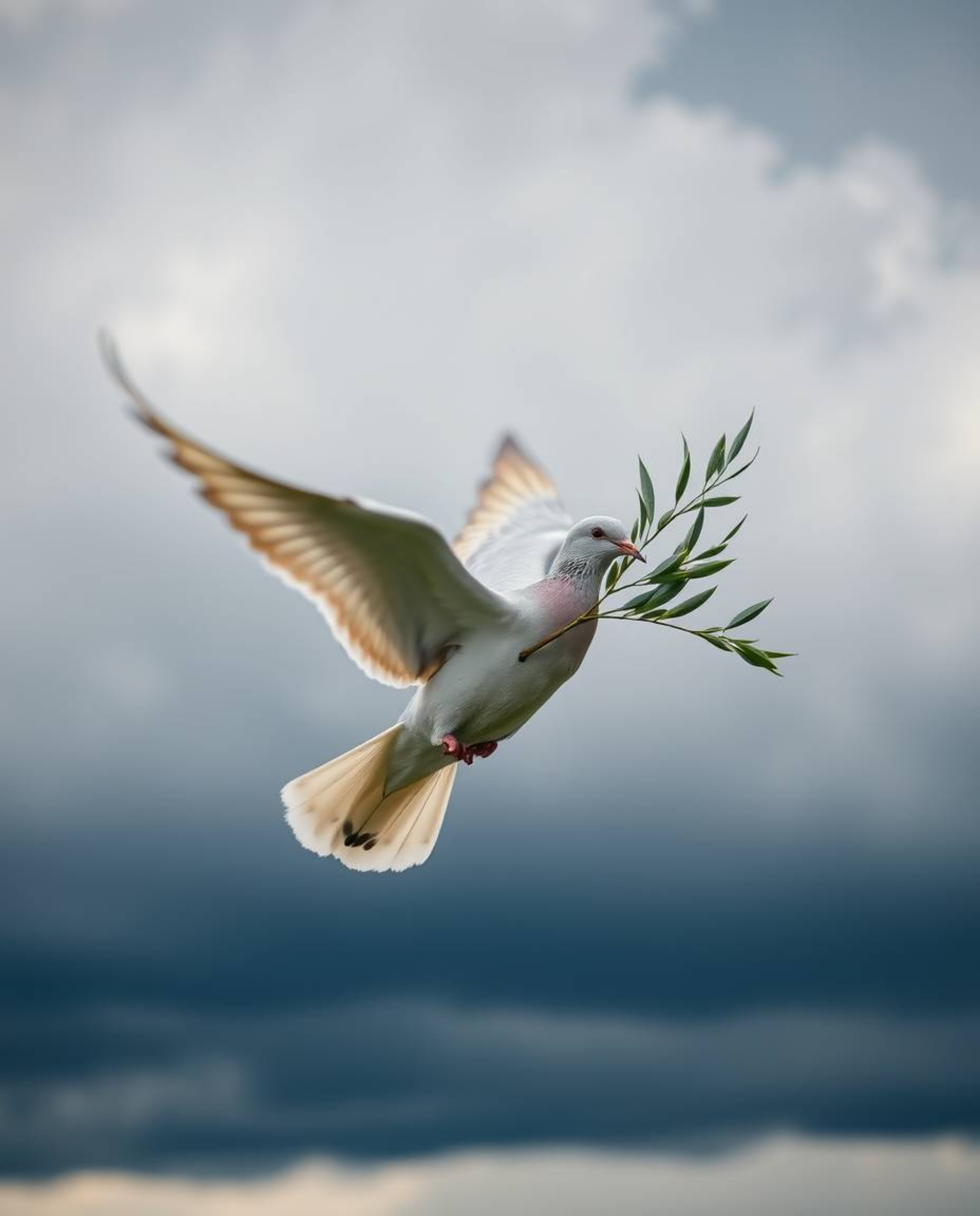 A captivating image depicts a dove carrying an olive branch, soaring through dramatically stormy skies.  The sharp focus on t