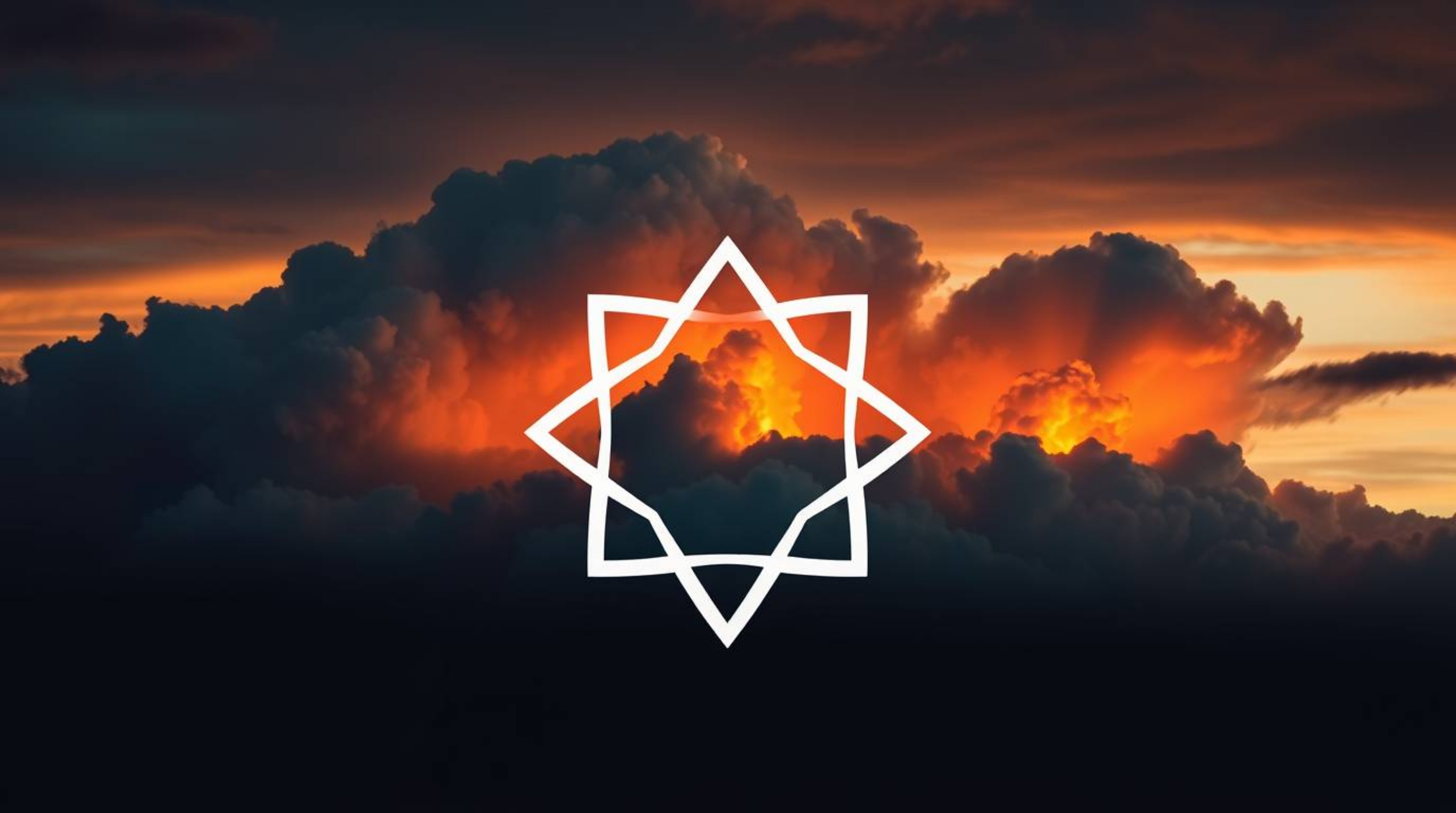 This geometric logo features thunderstorm clouds illuminated by a stunning sunset, blending warm terracotta and cool teal ton
