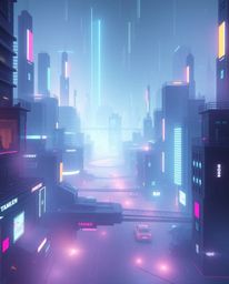 Escape to a futuristic city rendered in a captivating glitch aesthetic.  Experience a soft, dreamy atmosphere enhanced by vol