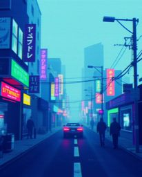 A captivating pixelated glitch art image depicting a cyberpunk street scene bathed in neon haze. This modern flat design feat