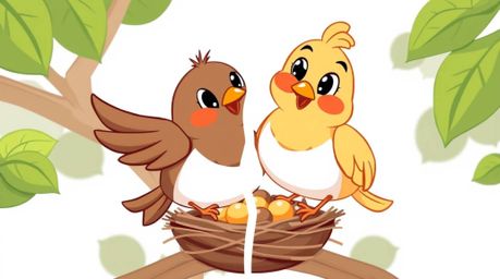 This captivating illustration features two adorable cartoon birds diligently building their nest in a charming, classic anima