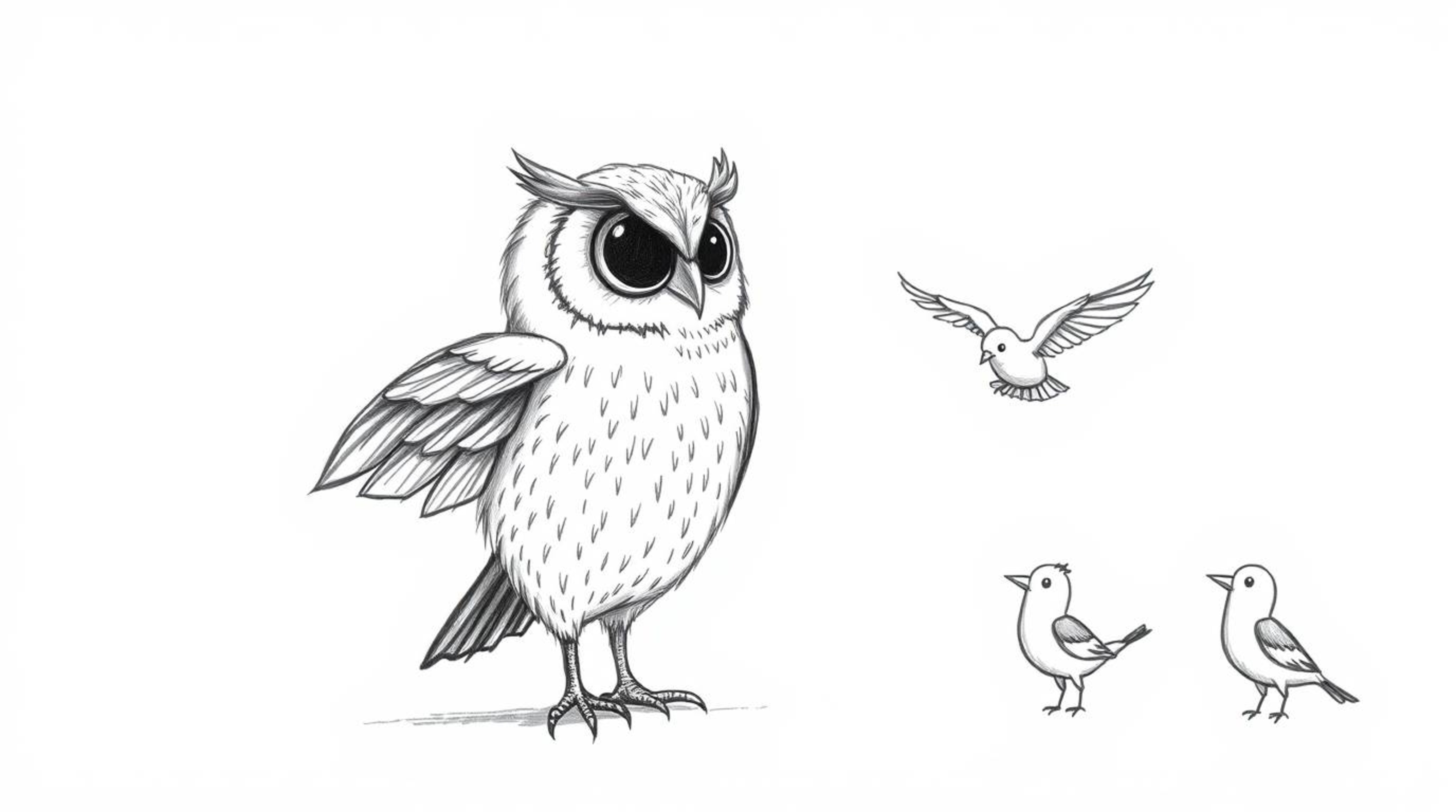 A textured, hand-drawn sketch in Pixar style portrays a blind owl imparting flight wisdom to eager birds. Rough lines and pen