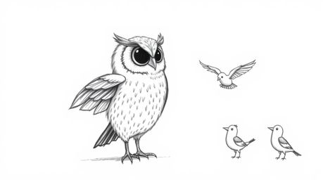 A textured, hand-drawn sketch in Pixar style portrays a blind owl imparting flight wisdom to eager birds. Rough lines and pen