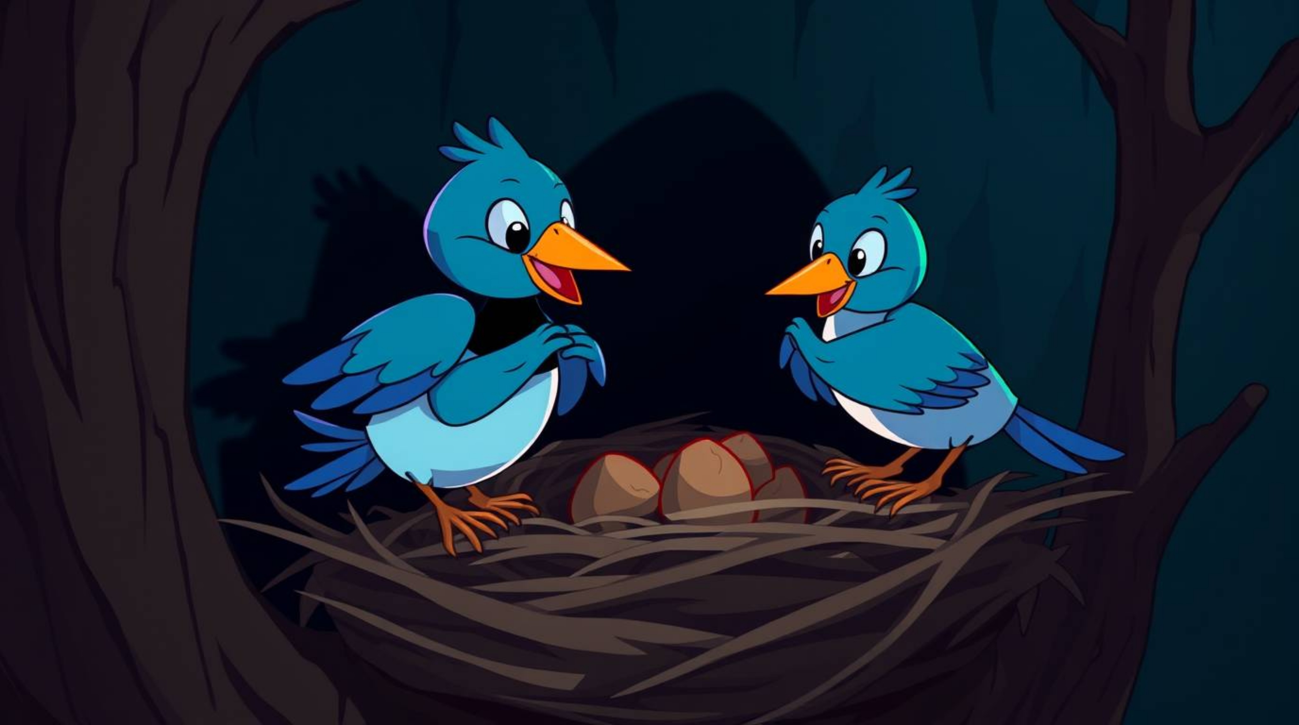 Two cartoon birds are diligently building a nest in a captivating classic animation style. The scene is rendered using cool c