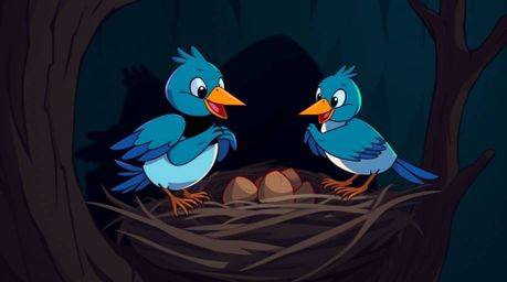 Two cartoon birds are diligently building a nest in a captivating classic animation style. The scene is rendered using cool c
