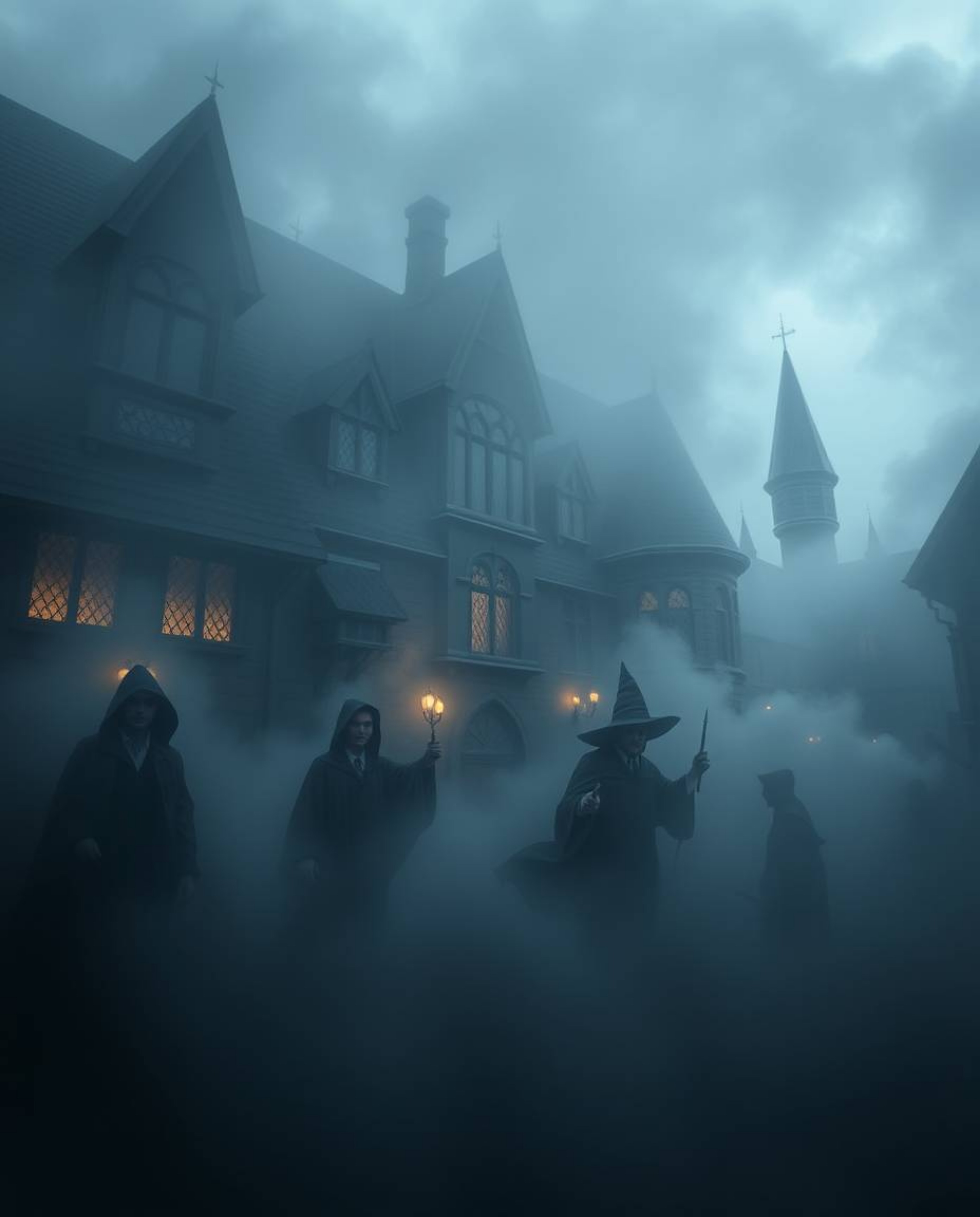 Discover a haunted magical school shrouded in thick fog, where young wizards train amidst an eerie atmosphere.  Dark tones, u