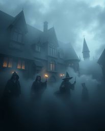 Discover a haunted magical school shrouded in thick fog, where young wizards train amidst an eerie atmosphere.  Dark tones, u