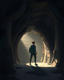 A captivating digital painting depicts a person's enchanting discovery of a hidden underground library. Gentle, soft light il